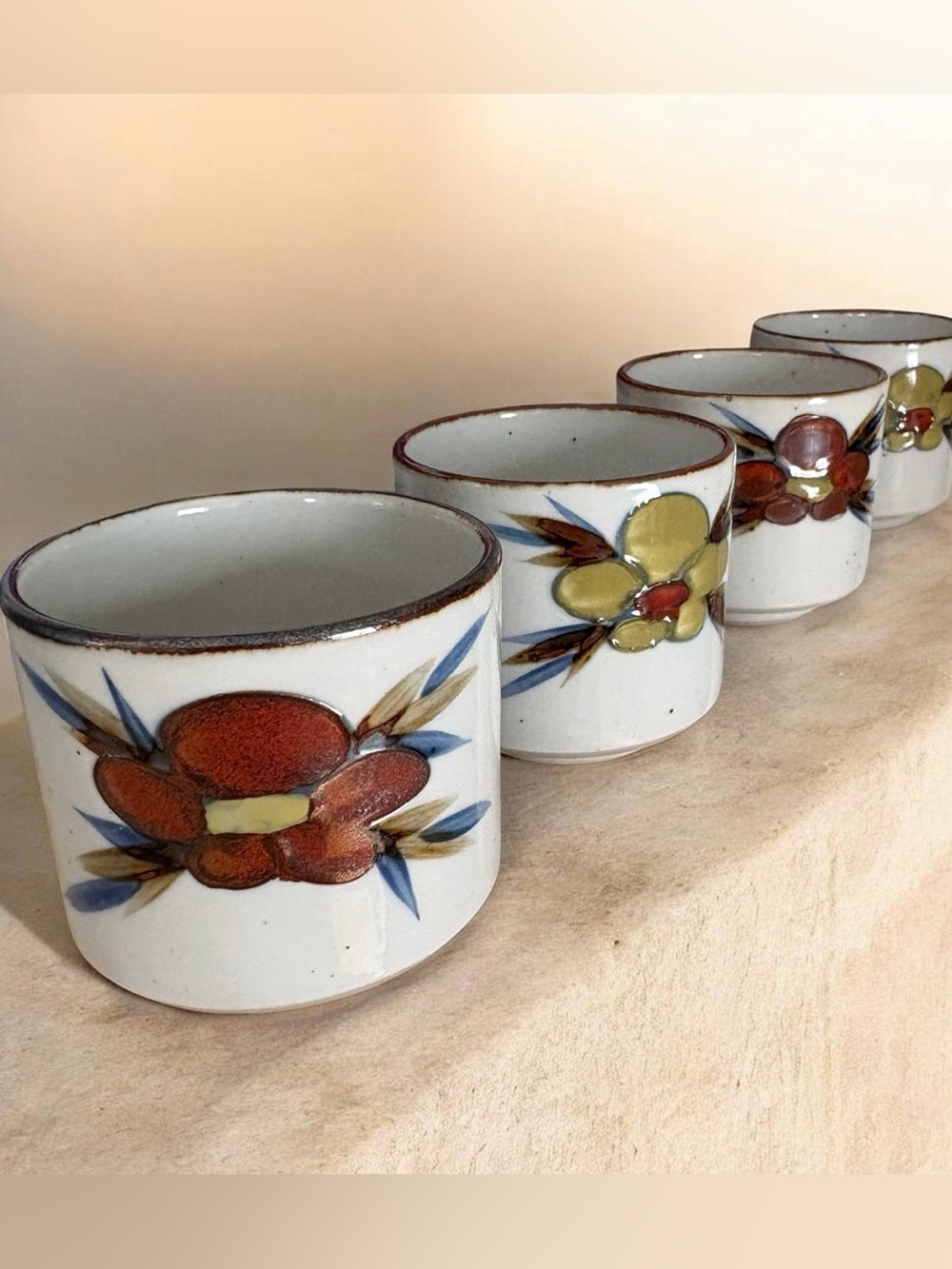Vintage Hand-Painted Floral Ceramic Tea Cups Set of 4 Perfect Condition